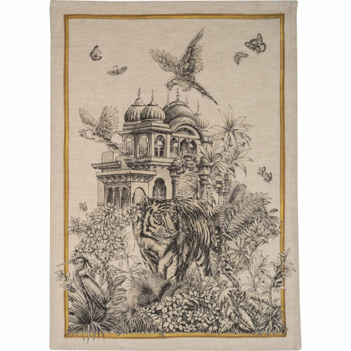 Morocco Kitchen Towel with drawing of tropical foliage, birds and a tiger and temple, in Italian linen. Sold as part of a set of 2 from Caskata