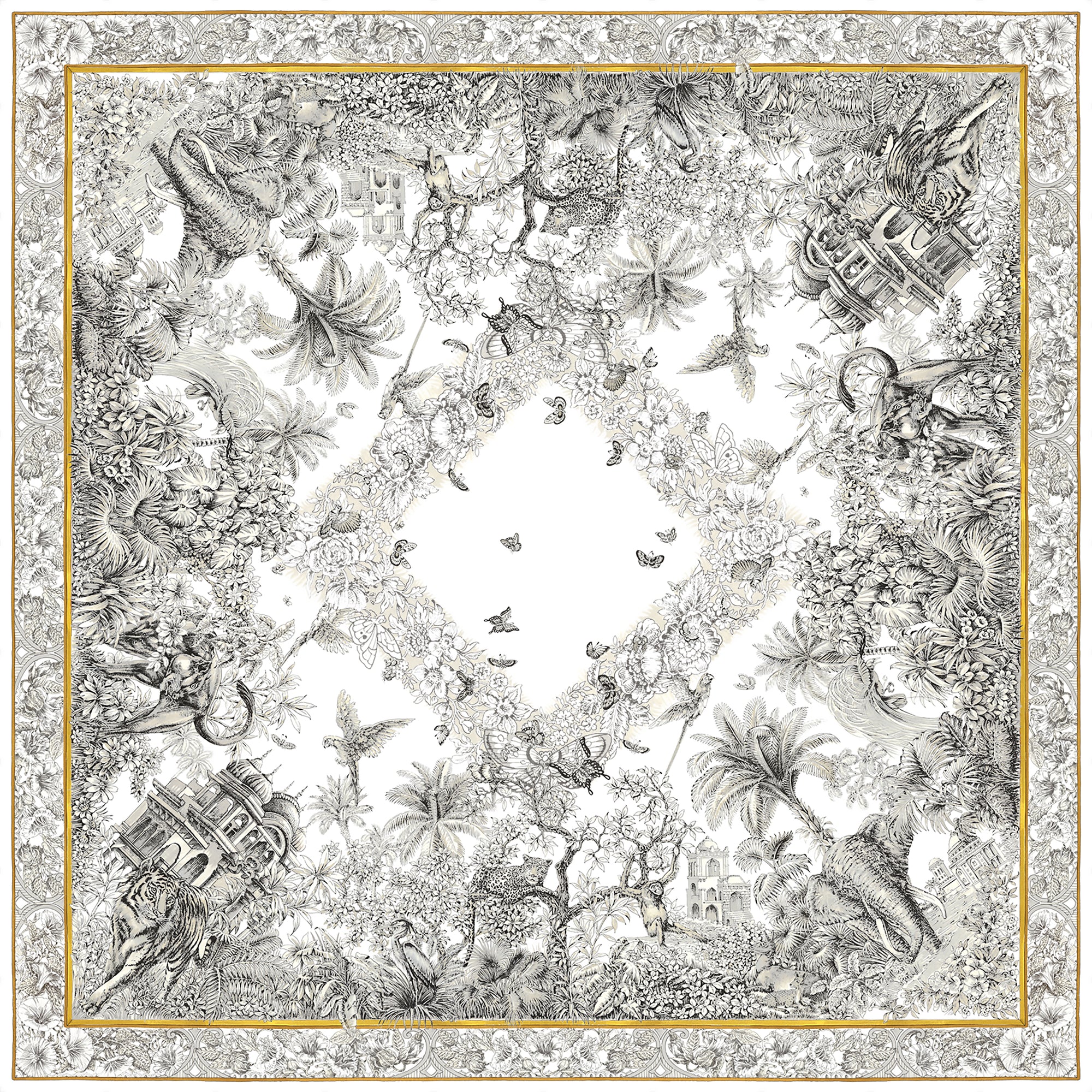 Morocco Tablecloth Graphic Print in glack and white engraving with gold. Printed on Italian linen from Caskata