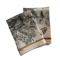 Morocco Kitchen Towels in 100% Italian linen feature black and white foliage, temples, tigers, and elephants in these exotically evocative linens from Caskata