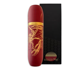 The Caskata x High Camp Red Lobster Parkside Flask by Caskata features a tall, cylindrical red design with gold decorative patterns and a gold band near the top, reminiscent of an elegant wine flask, displayed against its luxury gift box.