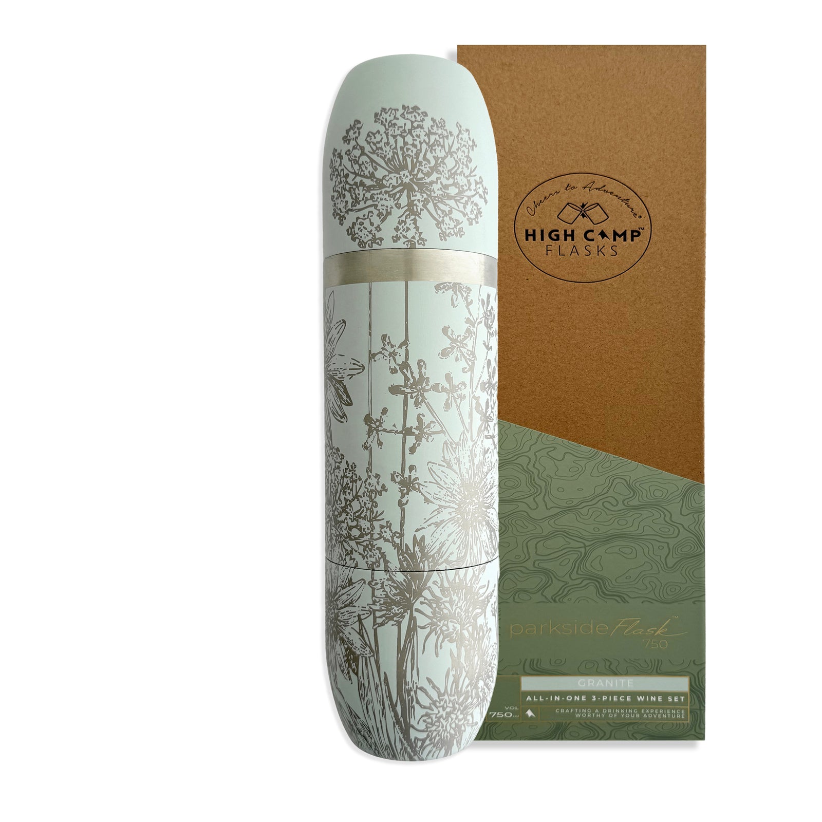 The Caskata x High Camp Light Blue Summer Parkside Flask, by Caskata, features a floral design and comes with matching packaging—perfect for outdoor adventures and summer gatherings.