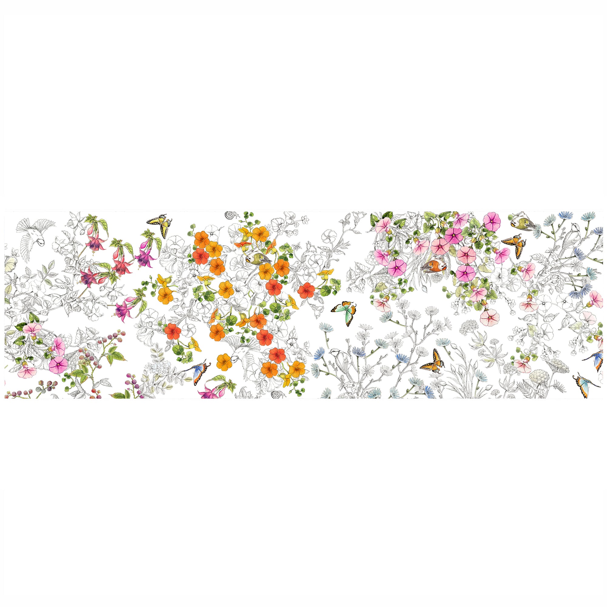 Nasturtium Print Tablecloth Runner in black and white with colored florals, birds and butterflies on Italian linen from Caskata