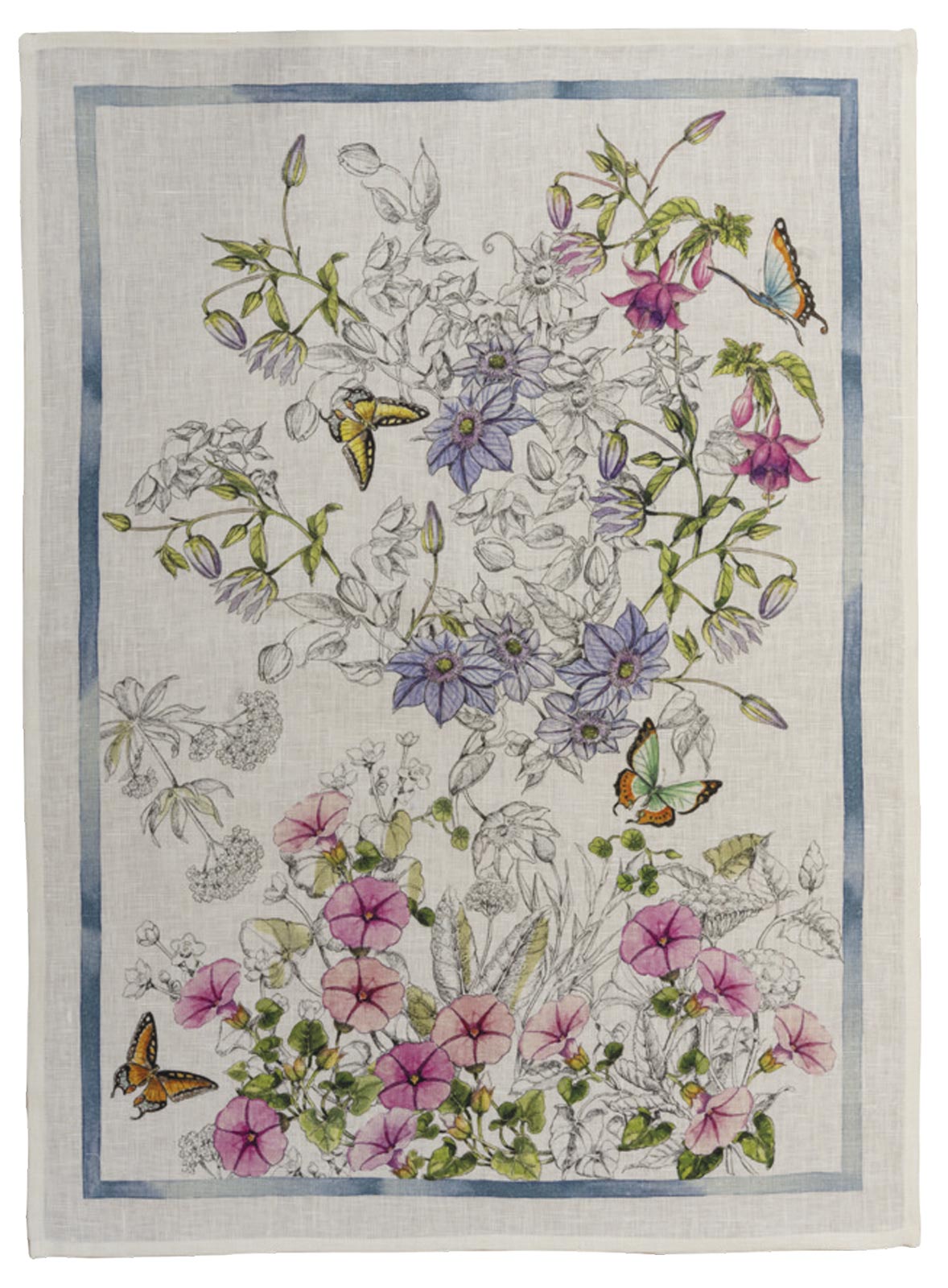 Nasturtiums Kitchen Towel with Floral engravings and watercolors and butterflies, in Italian linen. Sold as part of a mixed set of 2 from Caskata