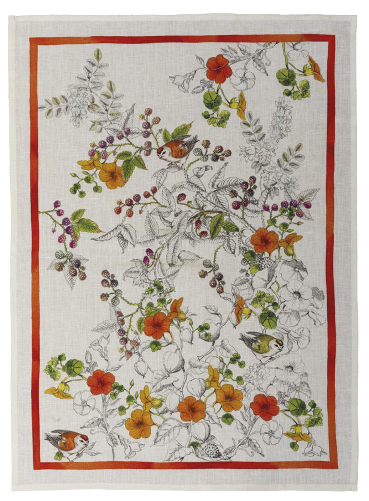 Nasturtiums Kitchen Towel with Floral engravings and watercolors and birds, with a red border, in Italian linen. Sold as part of a mixed set of 2 from Caskata