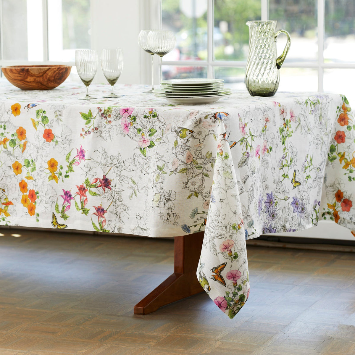 Graphic Nasturtiums Tablecloth Print of engravings, butterflies, birds and florals in watercolor on Italian Linen from Caskata