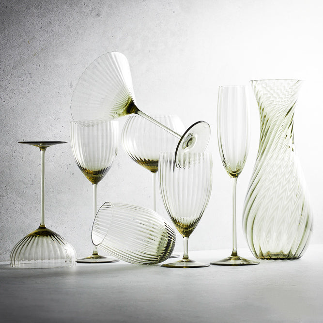 Quinn smoke green mouth-blown crystal glassware collection from Caskata.