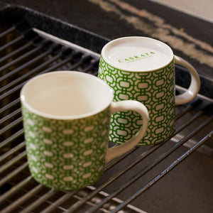 Two green and white chainlink patterned mugs, one right side up and one upside down with 