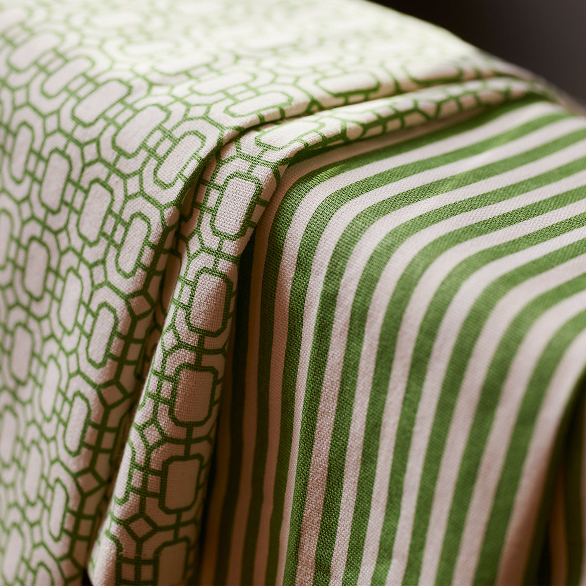 Spring Newport Garden Gate &amp; Pinstripe Green Kitchen Towels Mixed Set/2 on a chair.