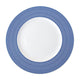 A white Newport Stripe Rimmed Dinner Plate by Caskata Artisanal Home with concentric blue circles around the edge, perfect for contemporary dinnerware collections.