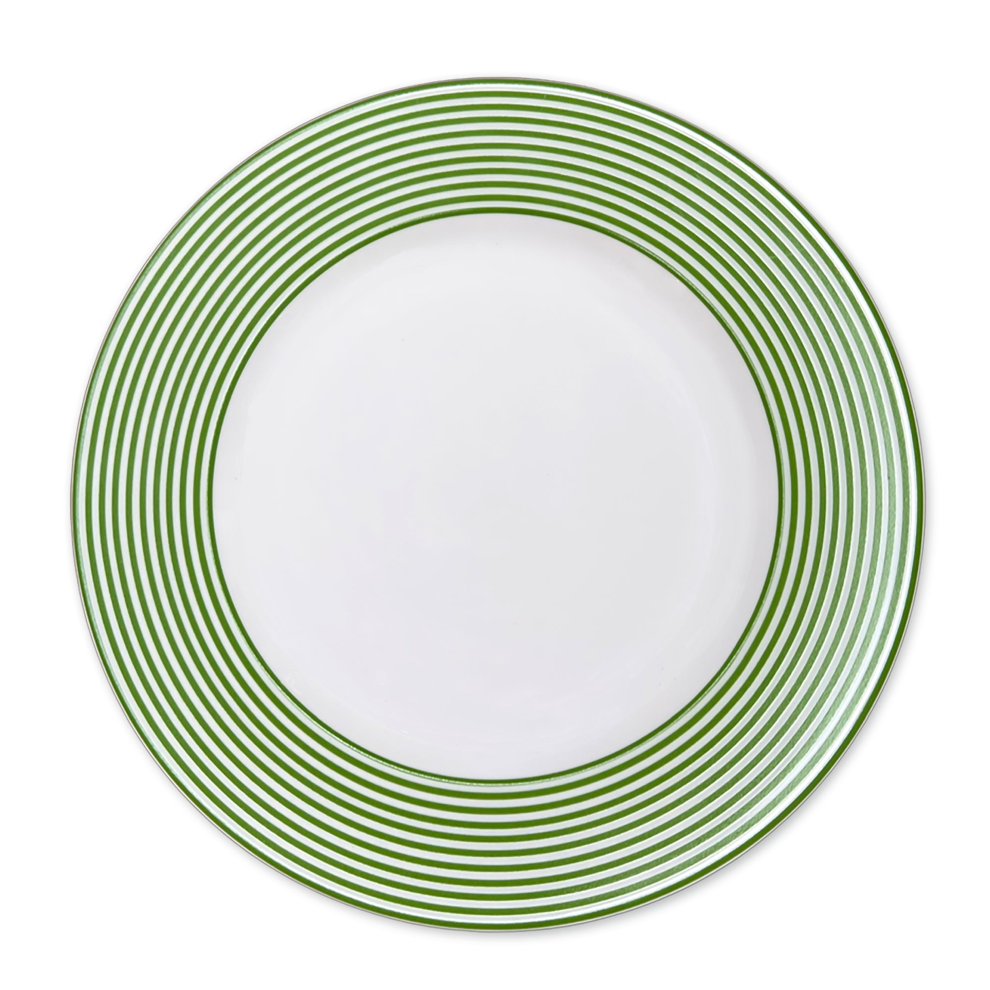 Discover Caskata's Summer Stripes Dinner Bundle to refresh your spring table: five round plates with green striped rims, four scalloped plates with green edges, and neatly folded green striped napkins.
