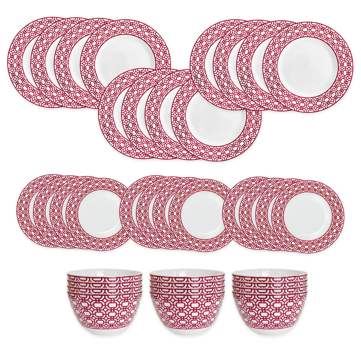 The Caskata Newport Crimson Garden Gate Table for 12 includes twelve red and white patterned plates and three matching bowls, beautifully arranged to enhance any porcelain dinnerware set.