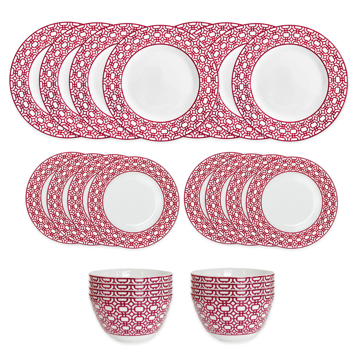 The Caskata Newport Crimson Garden Gate Table for 8 is a 24-piece porcelain set with ten plates, eight salad plates, and two bowls, each featuring a white center and a red geometric patterned border.