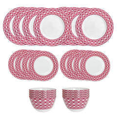 The Caskata Newport Crimson Garden Gate Table for 8 is a 24-piece porcelain set with ten plates, eight salad plates, and two bowls, each featuring a white center and a red geometric patterned border.