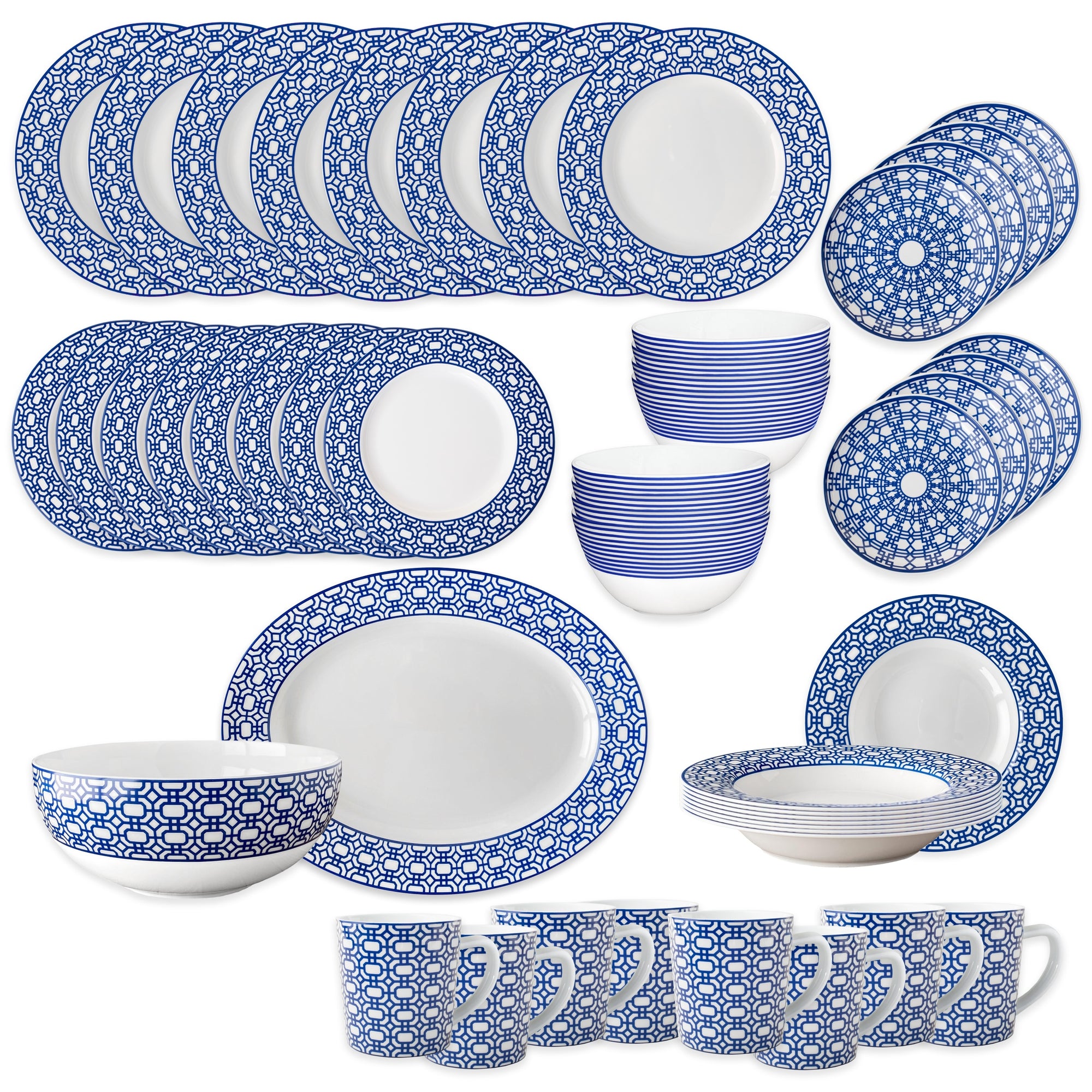 The Caskata Newport Ultimate Set is a 32-piece porcelain dinnerware set with blue and white geometric patterns, featuring microwave-safe plates, bowls, cups, and mugs neatly arranged on a white background.