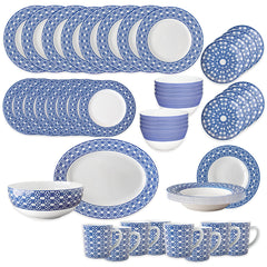 The Caskata Newport Ultimate Set is a 32-piece porcelain dinnerware set with blue and white geometric patterns, featuring microwave-safe plates, bowls, cups, and mugs neatly arranged on a white background.