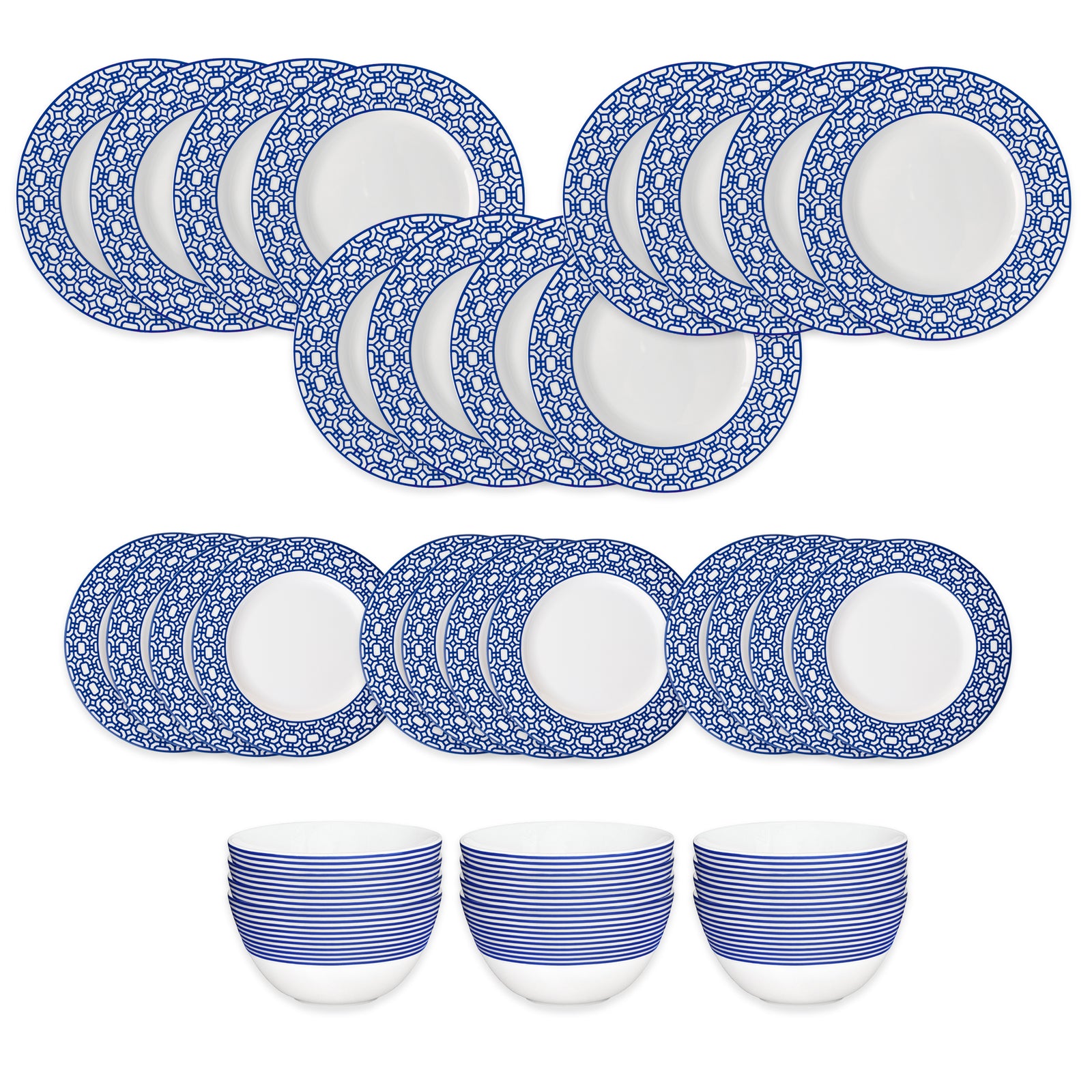 The Caskata Newport Garden Gate Table for 12 set includes 15 blue and white patterned plates arranged in rows, with three matching striped bowls displayed beneath them.