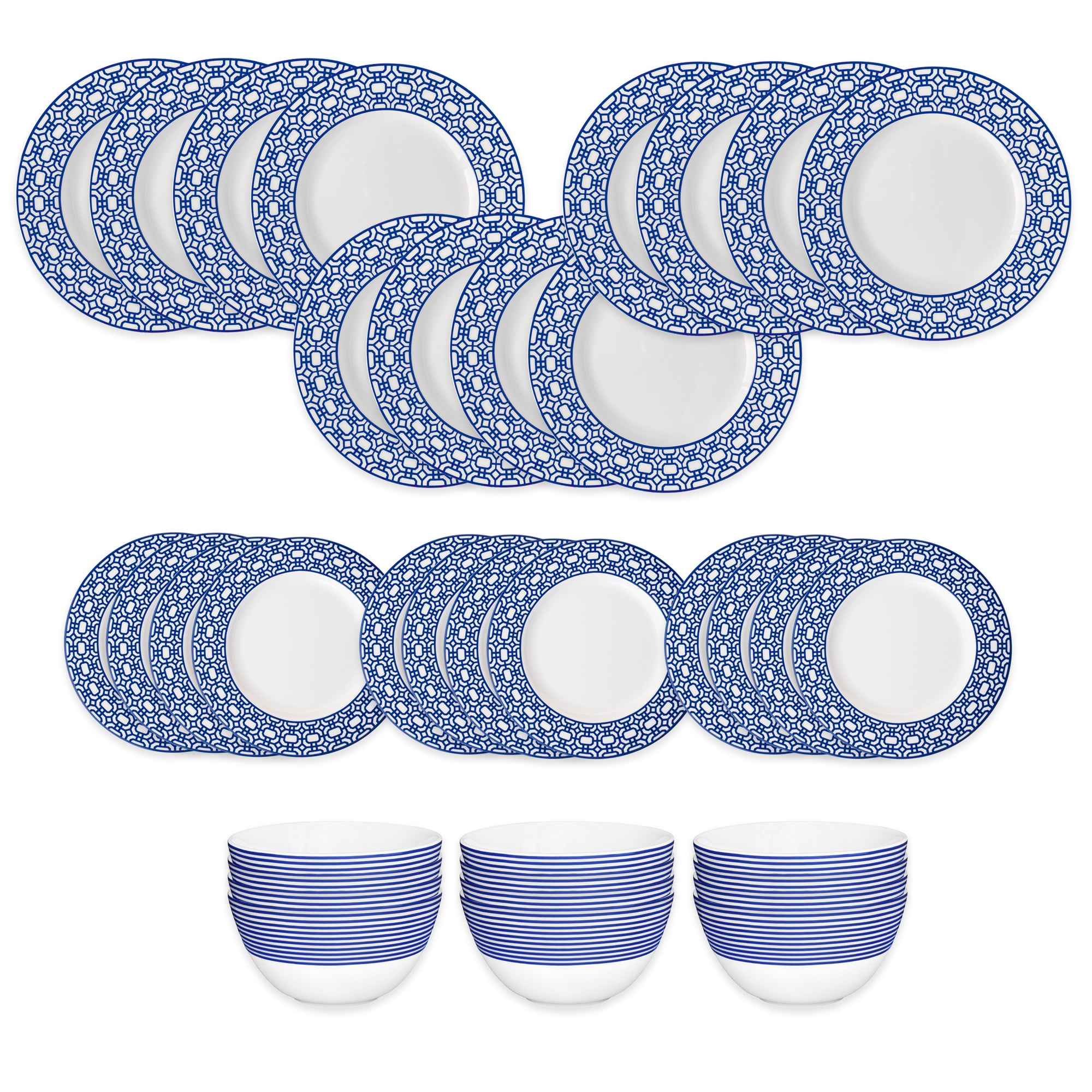 The Caskata Newport Garden Gate Table for 12 set includes 15 blue and white patterned plates arranged in rows, with three matching striped bowls displayed beneath them.