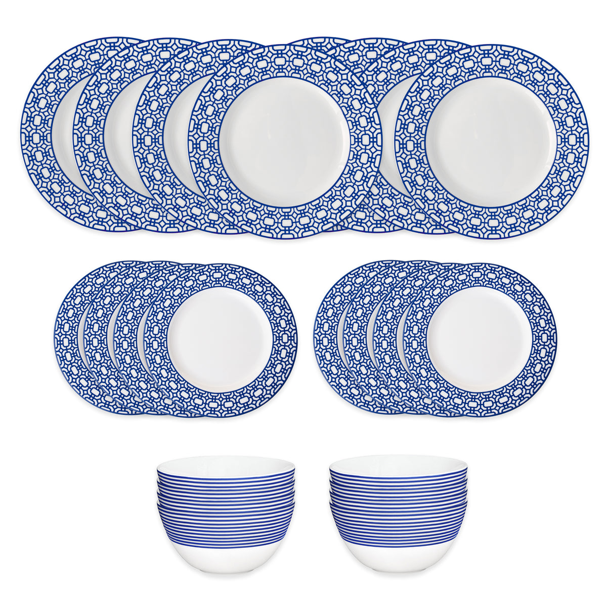 The Caskata Newport Garden Gate Table for 8 is a stylish, contemporary 24-piece porcelain dinnerware set with eight dinner plates, eight geometric salad plates, and two bowls with blue stripes—perfect for any table.