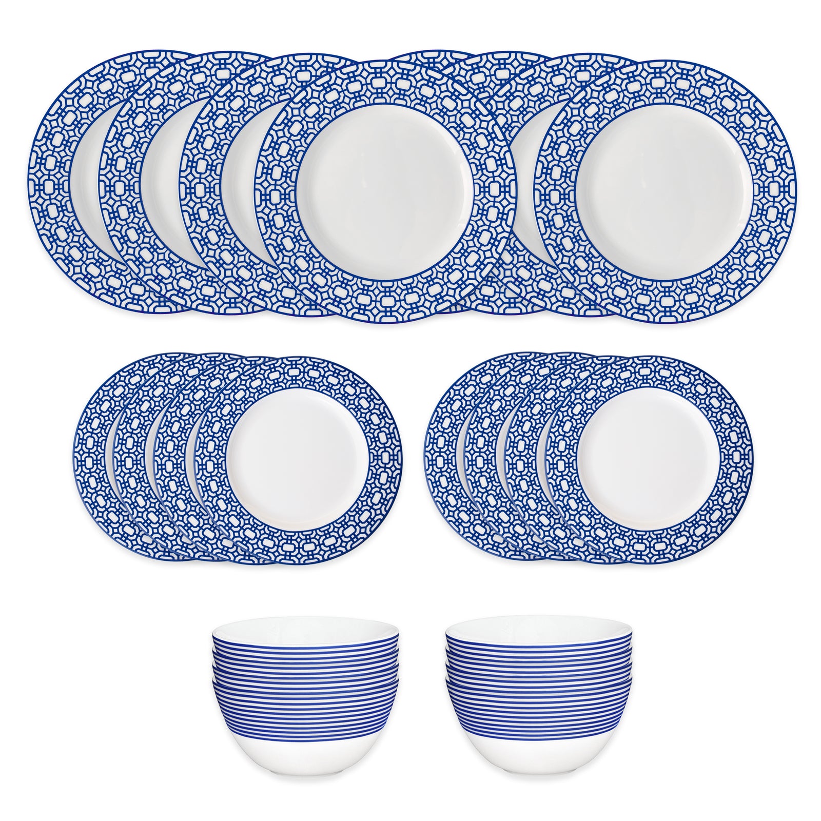 The Caskata Newport Garden Gate Table for 8 is a stylish, contemporary 24-piece porcelain dinnerware set with eight dinner plates, eight geometric salad plates, and two bowls with blue stripes—perfect for any table.