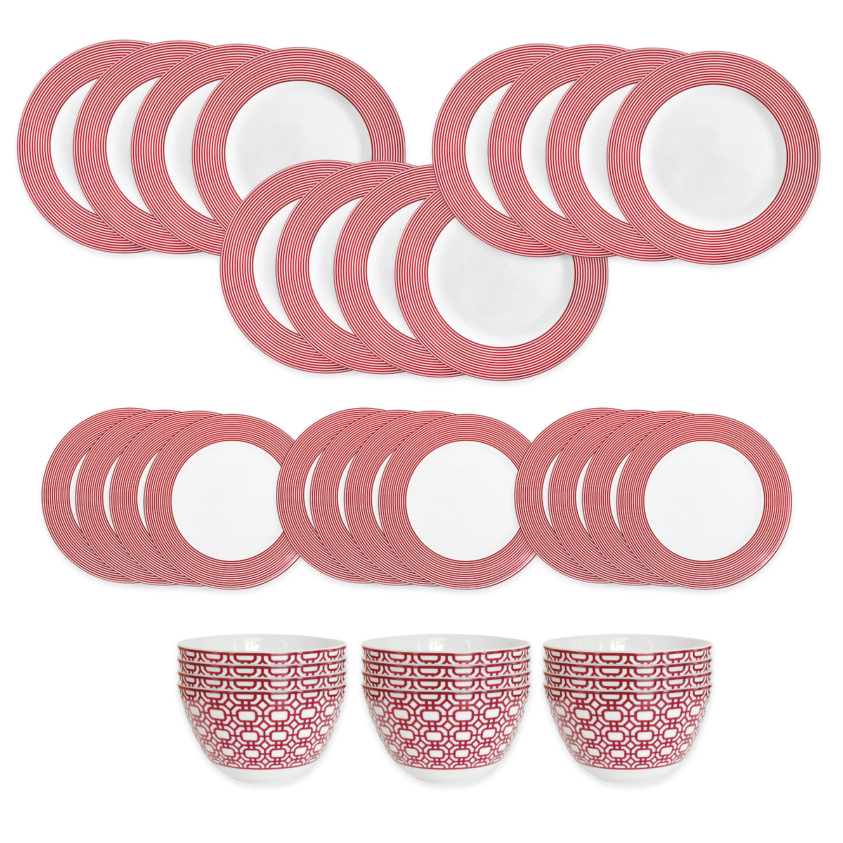 The Caskata Newport Crimson Stripe Table for 12 features red-and-white patterned porcelain dinnerware—twelve large plates, twelve small plates, and four bowls—arranged on a white background. Perfect for daily use.
