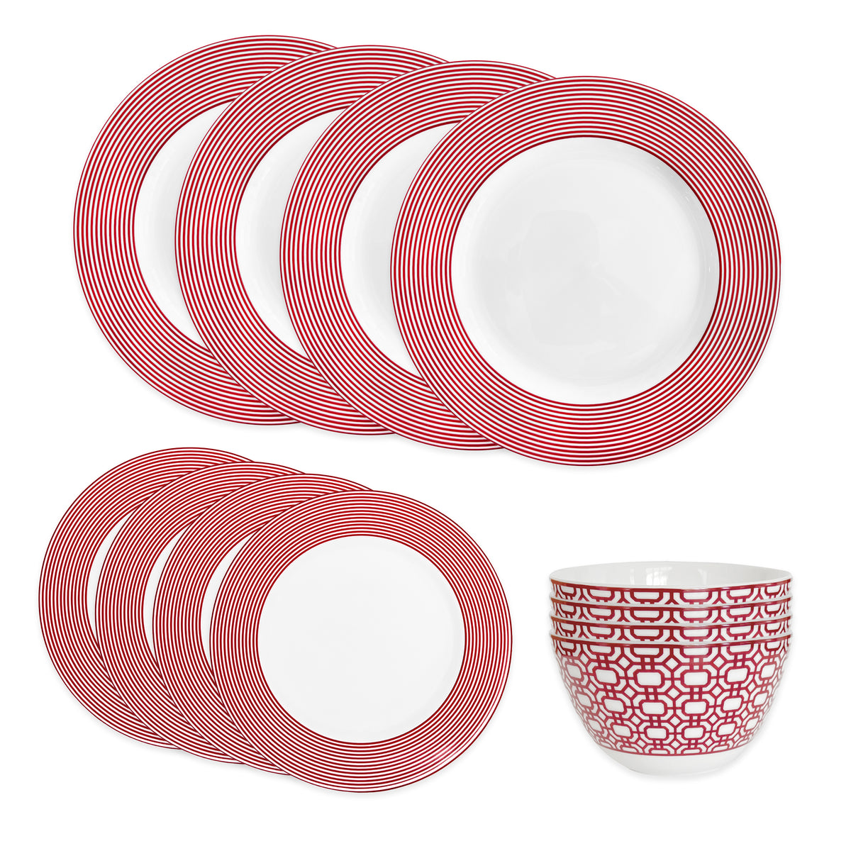 The Caskata Newport Crimson Stripe Table for 4 includes six white dinner plates with red stripes, six matching side plates, and a white bowl featuring a bold red geometric pattern.
