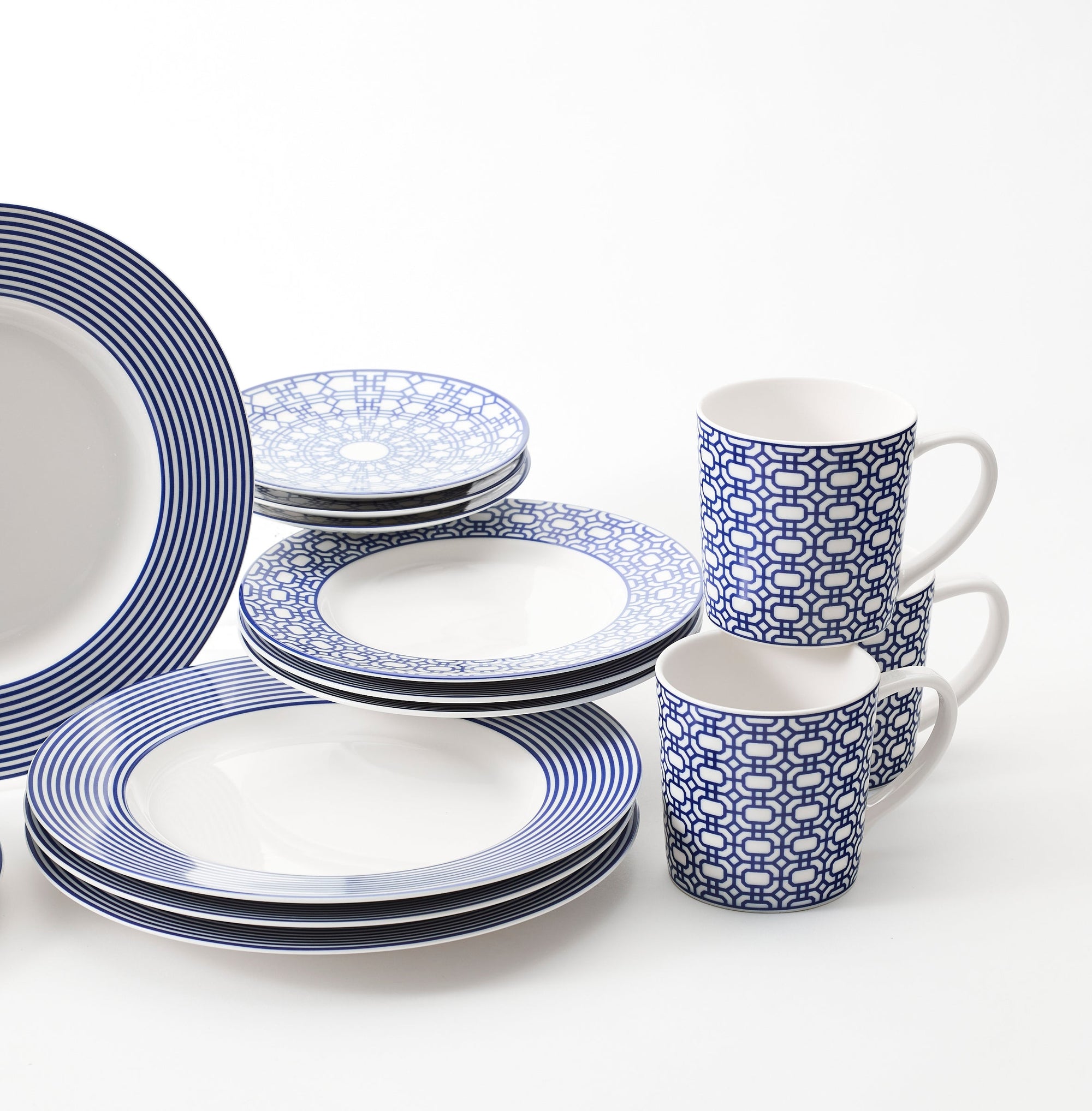 Newport Racing Stripe Geometric blue and white 16 piece dinnerware set in porcelain from Caskata