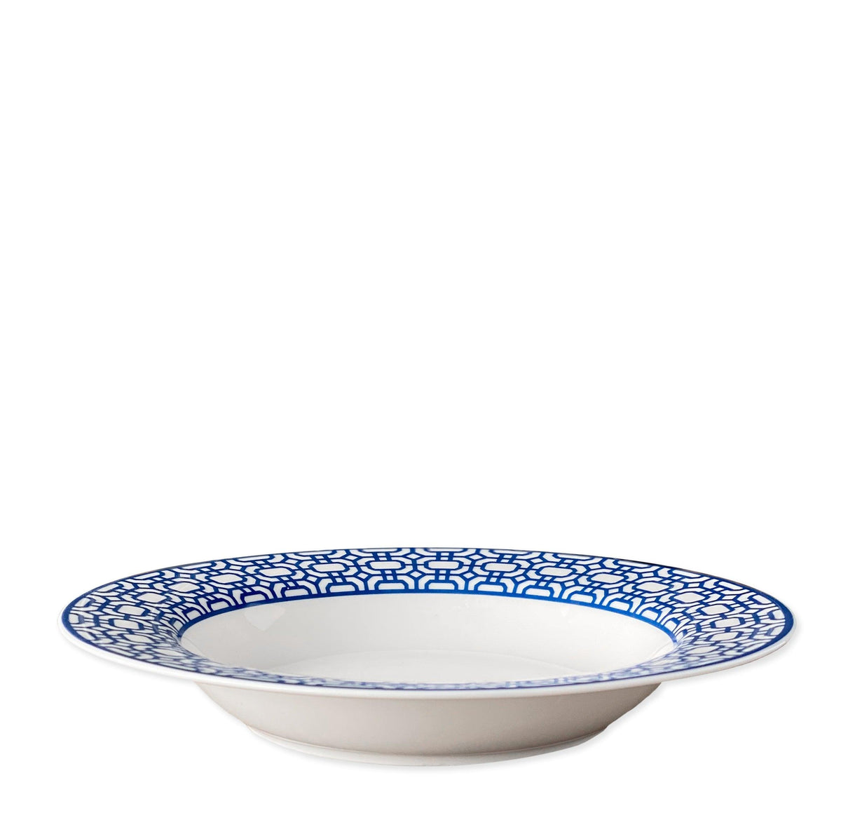 A creamy white Newport Garden Gate Rimmed Soup Bowl by Caskata Artisanal Home with crisp geometrics on a white background.