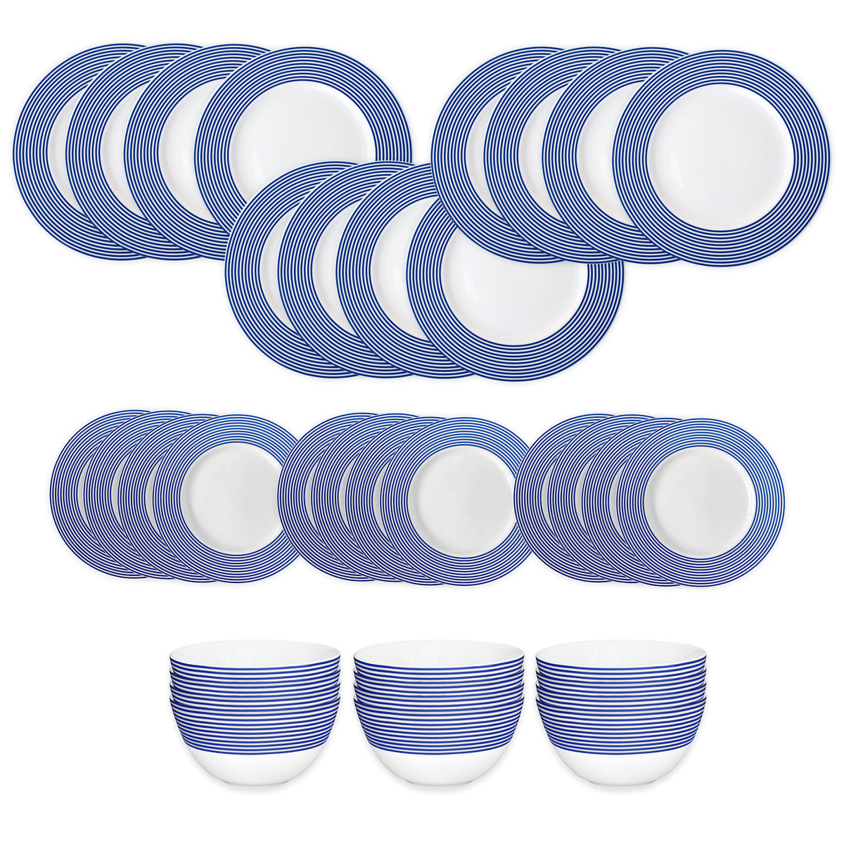 The Caskata Newport Stripe Table for 12 is a 36-piece porcelain set with blue and white striped plates, side plates, and bowls displayed in neat rows on a white background.