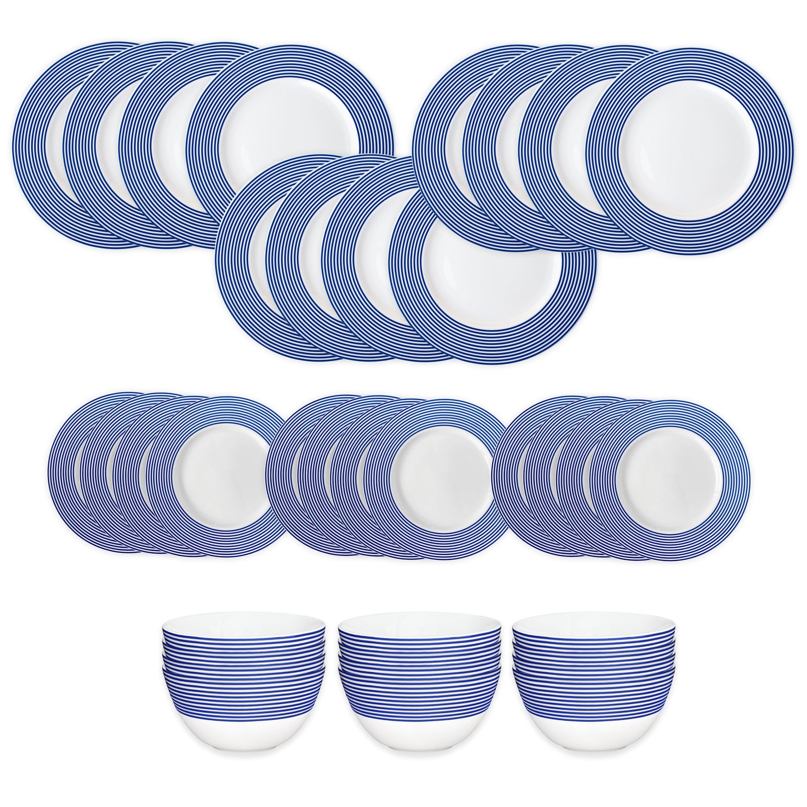 The Caskata Newport Stripe Table for 12 is a 36-piece porcelain set with blue and white striped plates, side plates, and bowls displayed in neat rows on a white background.