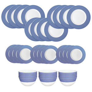 The Caskata Newport Stripe Table for 12 is a 36-piece porcelain set with blue and white striped plates, side plates, and bowls displayed in neat rows on a white background.