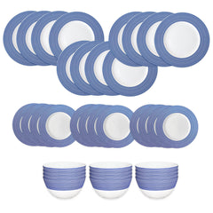 The Caskata Newport Stripe Table for 12 is a 36-piece porcelain set with blue and white striped plates, side plates, and bowls displayed in neat rows on a white background.