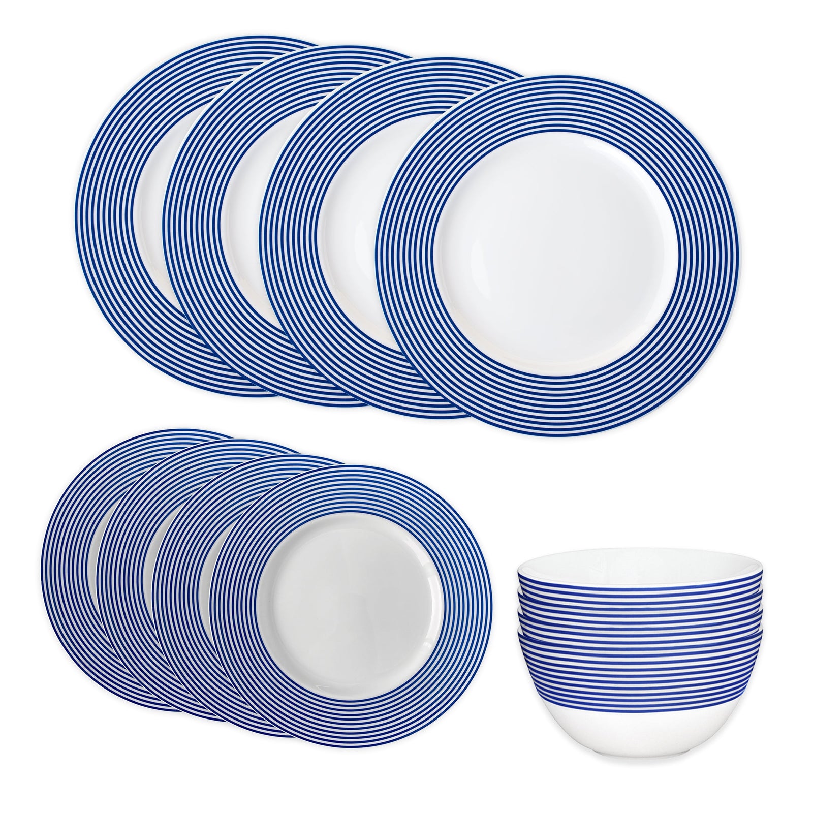 The Caskata Newport Stripe Table for 4 set features elegant white porcelain with blue concentric circle edges and includes four plates, four bowls, and four side plates.