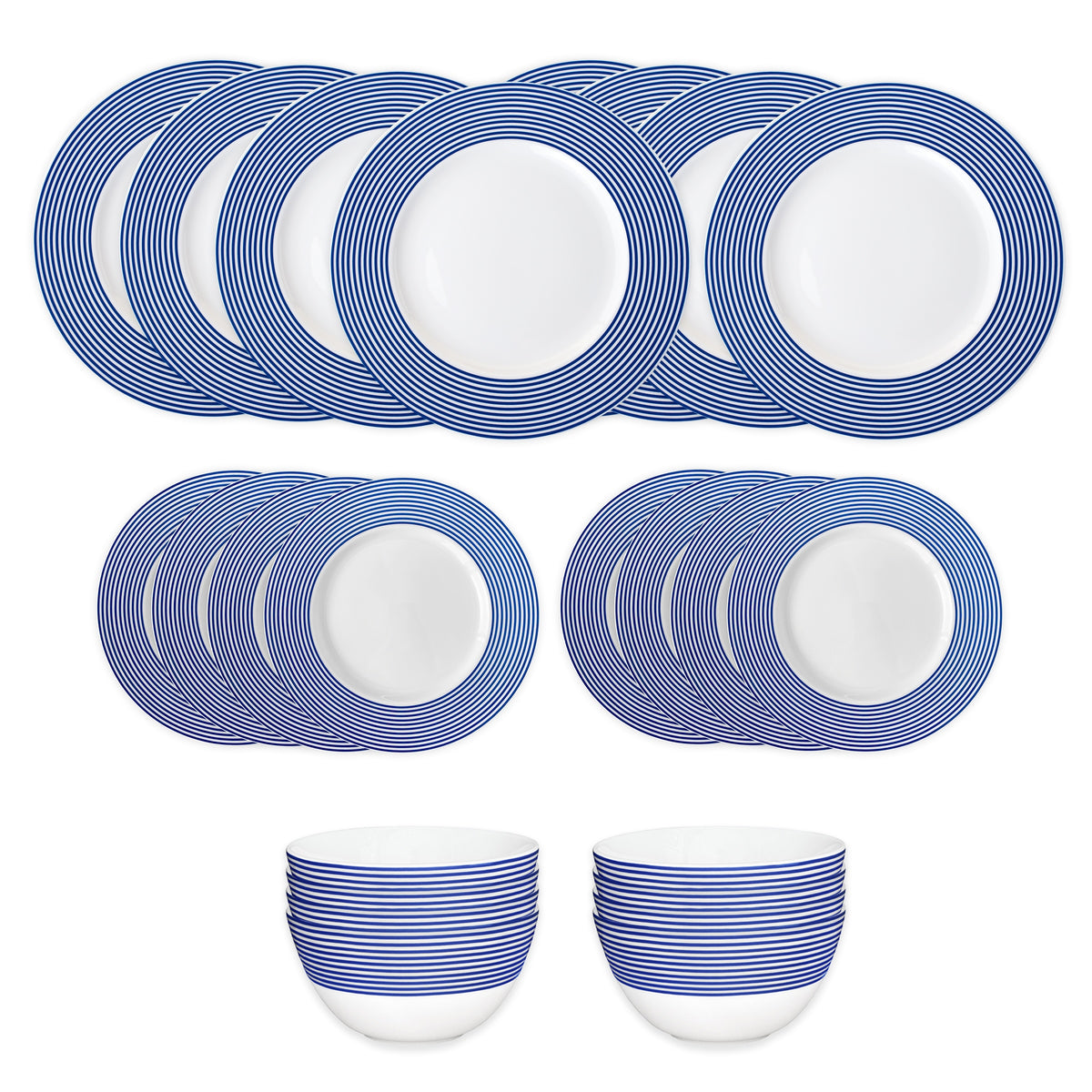 Caskata’s Newport Stripe Table for 8 is a 16-piece porcelain dinnerware set featuring blue and white stripes. Includes eight plates, six small plates, and two bowls—perfect for everyday dining.