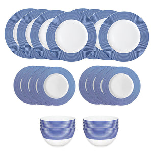Caskata’s Newport Stripe Table for 8 is a 16-piece porcelain dinnerware set featuring blue and white stripes. Includes eight plates, six small plates, and two bowls—perfect for everyday dining.