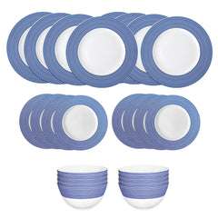 Caskata’s Newport Stripe Table for 8 is a 16-piece porcelain dinnerware set featuring blue and white stripes. Includes eight plates, six small plates, and two bowls—perfect for everyday dining.