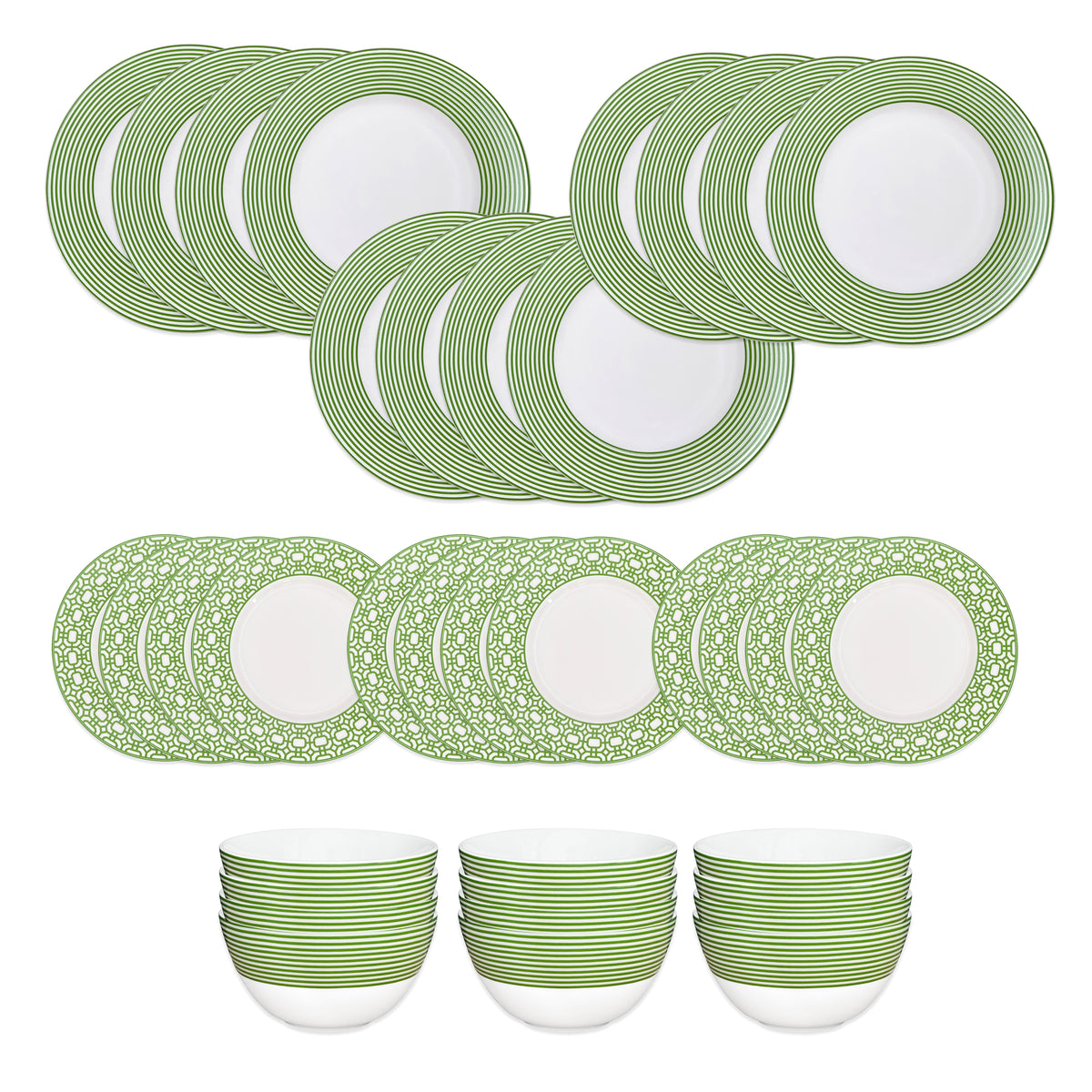 Caskata’s Newport Verde Table for 12 is a 36-piece premium porcelain dinnerware set with white plates, salad plates, and bowls featuring elegant green patterned rims arranged on a crisp white background.