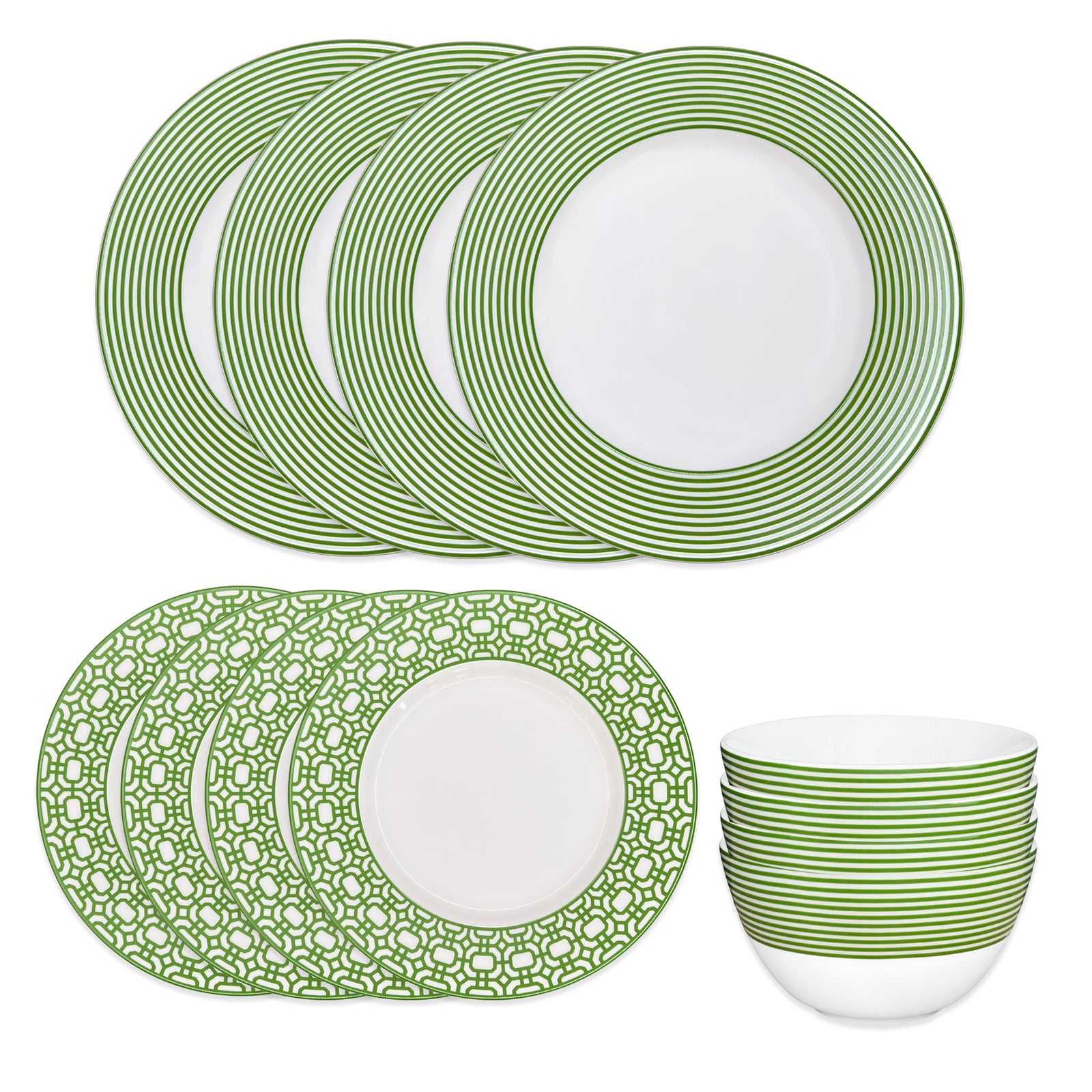 The Caskata Newport Verde Table for 4 is a 12-piece premium porcelain dinnerware set with white dishes and verde green patterned rims—includes four dinner plates, four salad plates, and four bowls—displayed on a white background.