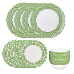 The Caskata Newport Verde Table for 4 is a 12-piece premium porcelain dinnerware set with white dishes and verde green patterned rims—includes four dinner plates, four salad plates, and four bowls—displayed on a white background.