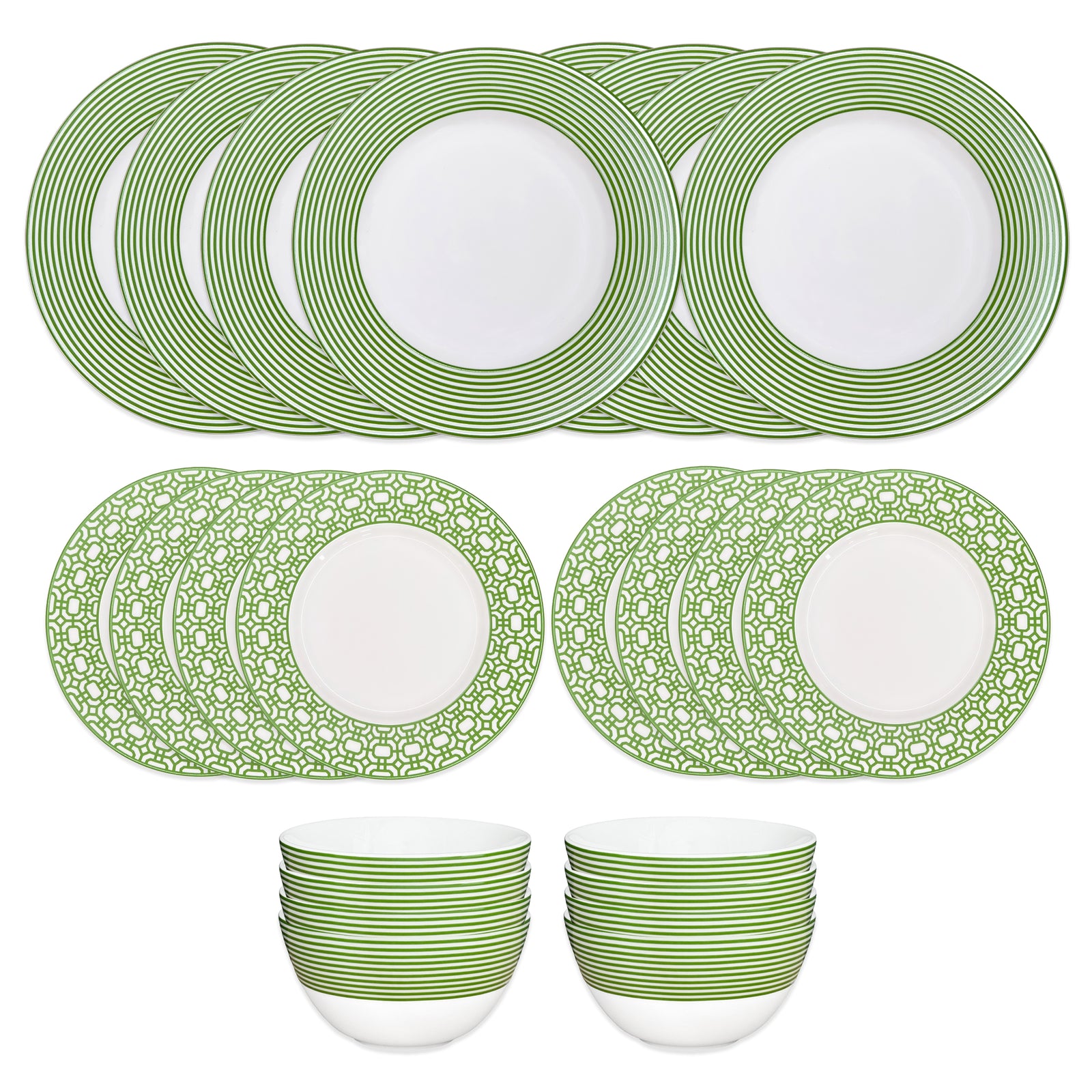 The Caskata Newport Verde Table for 8 is a 16-piece green and white porcelain dinnerware set with striped and patterned plates and bowls, perfect for stylish dining.