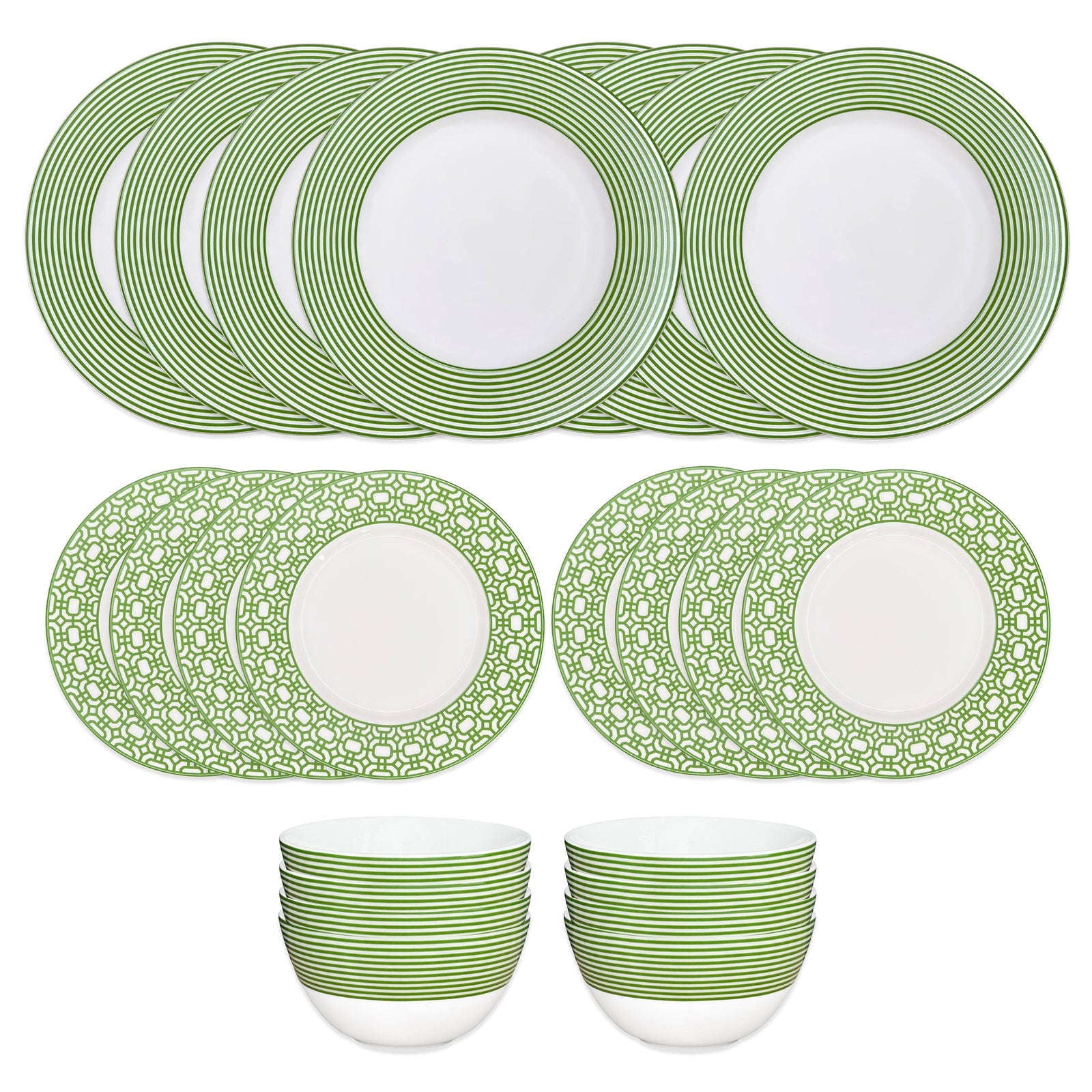 The Caskata Newport Verde Table for 8 is a 16-piece green and white porcelain dinnerware set with striped and patterned plates and bowls, perfect for stylish dining.