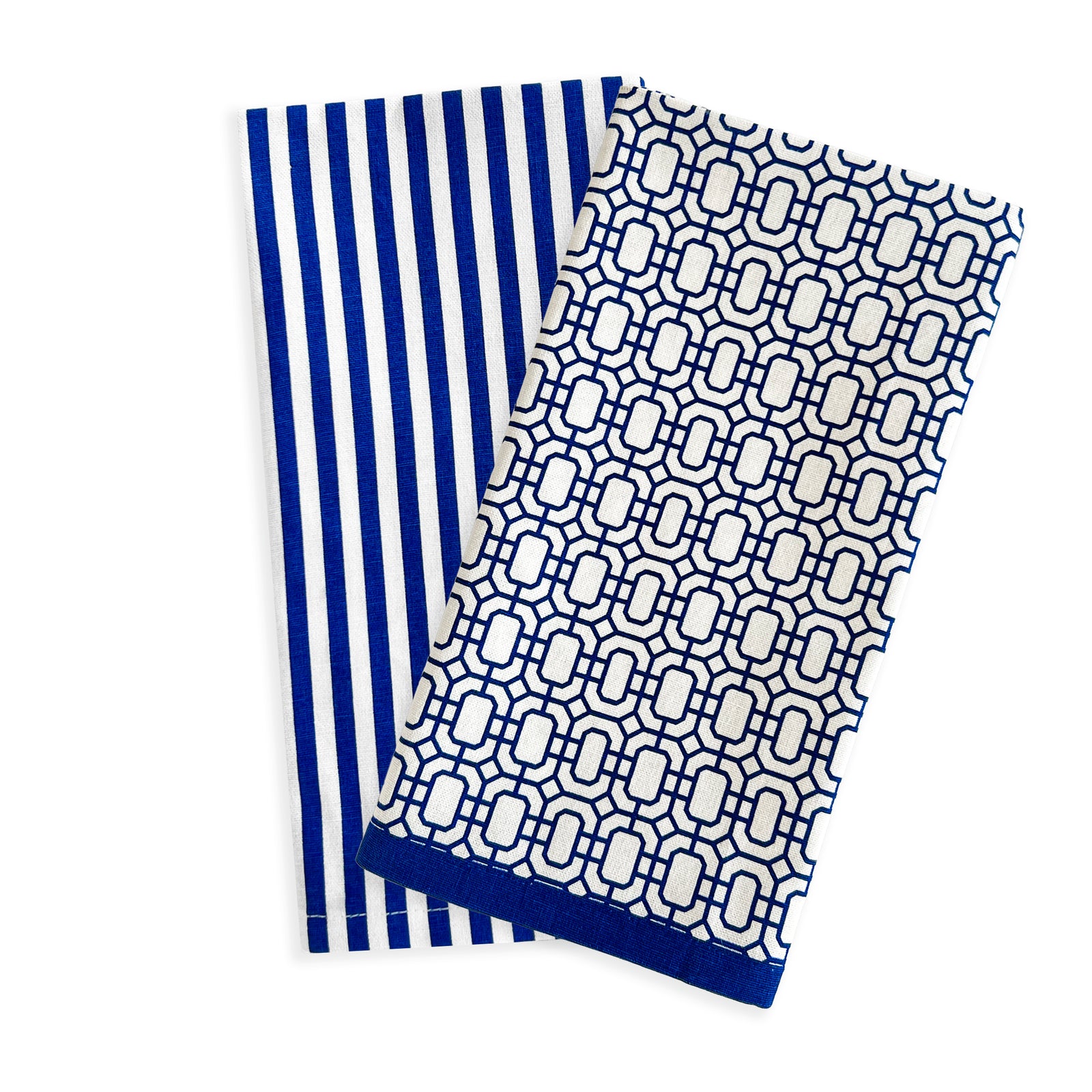 Two folded kitchen tea towels: one with blue and white stripes, and the other with a Newport Garden Gate-inspired blue geometric chain pattern on a white background. Both are made from 100% cotton, ensuring durability and style. These are the Newport Garden Gate & Pinstripe Blue Kitchen Towels, Mixed Set of 2 by Caskata.