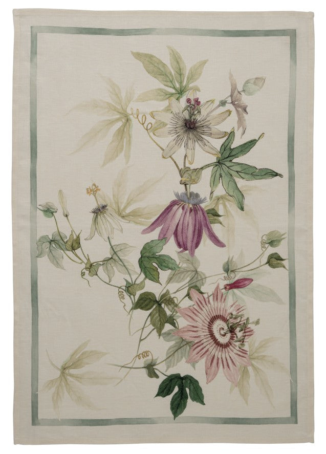 Passionflower watercolor print on Italian Linen Kitchen Towel with green border, sold as a set of 2 from Caskata