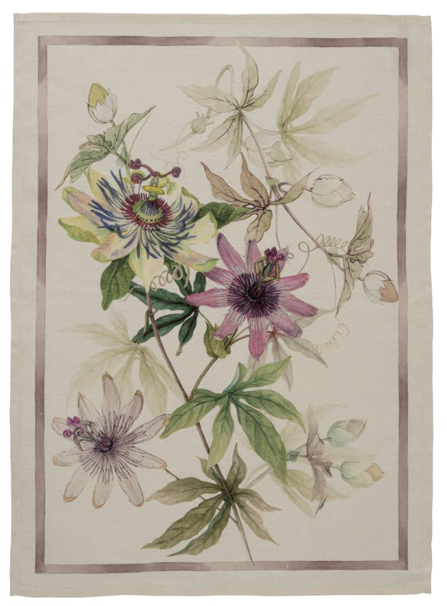 A Passionflower Linen Kitchen Towels Set/2 with passionflowers and leaves on it.