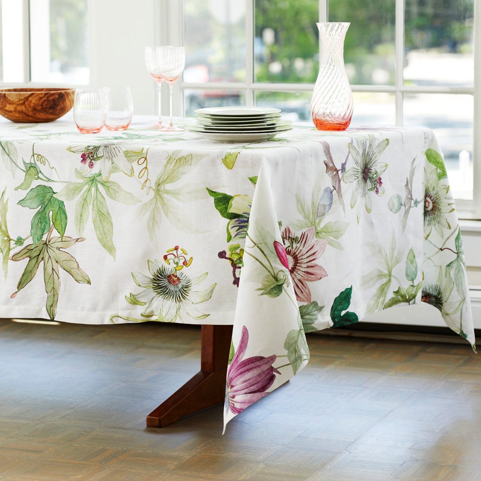 Graphic Tablecloth Print Passionflower, in watercolors on Italian Linen from Caskata