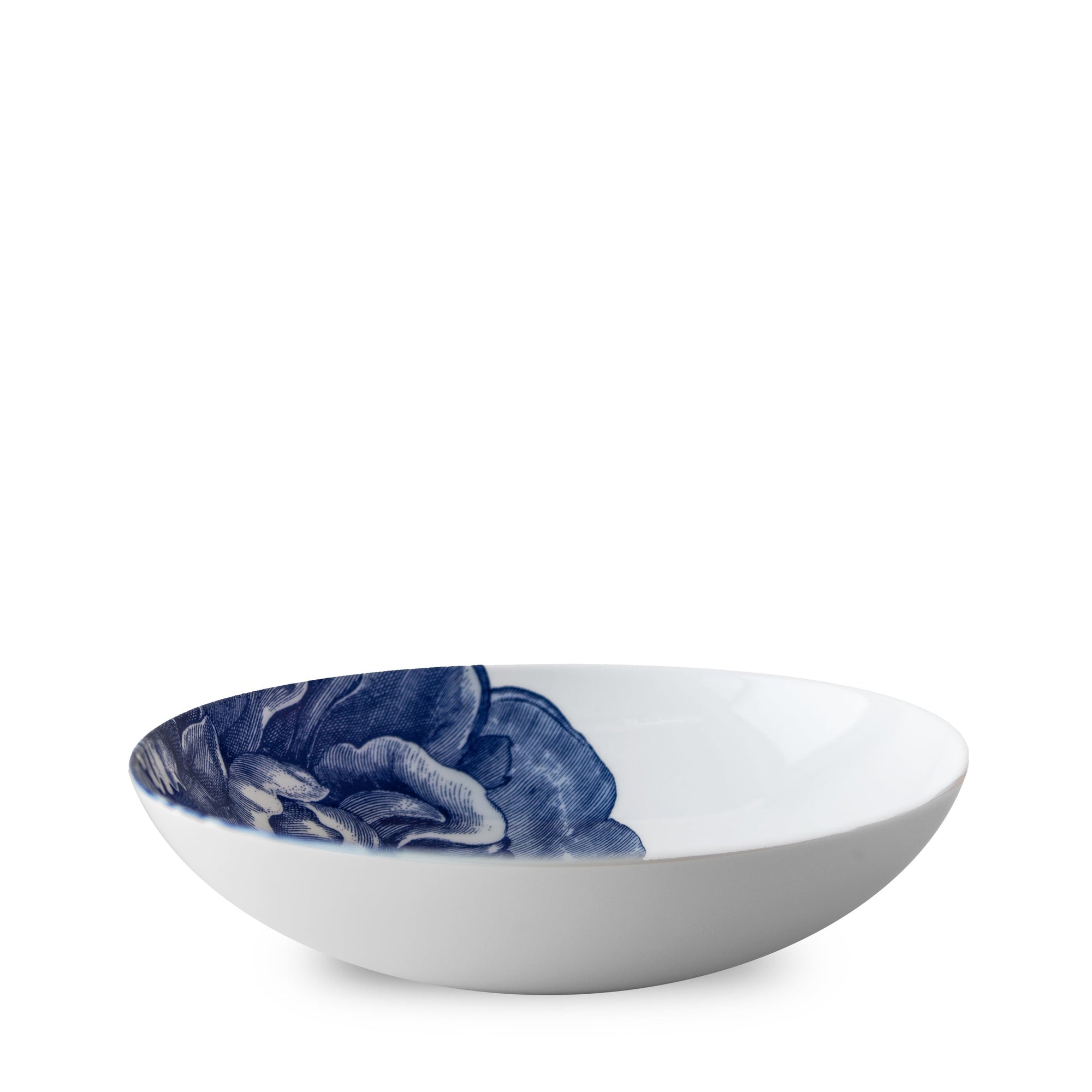 A Peony Blue Coupe Soup Bowl from Caskata Artisanal Home, a premium porcelain plate with a blue and white peony flower design on it.