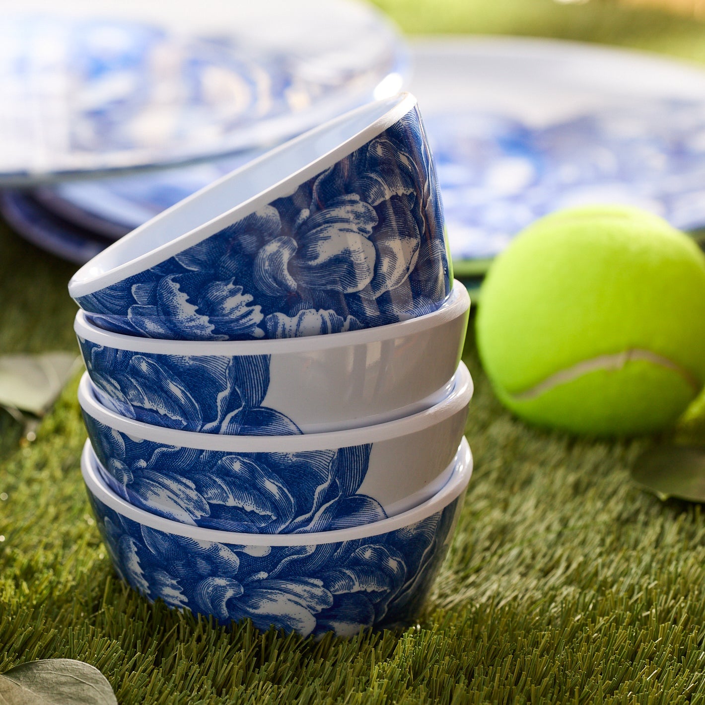 Caskata Peony Melamine Snack Bowls, Set Of 4 - 6 Oz Blue & White Bowls For Entertaining