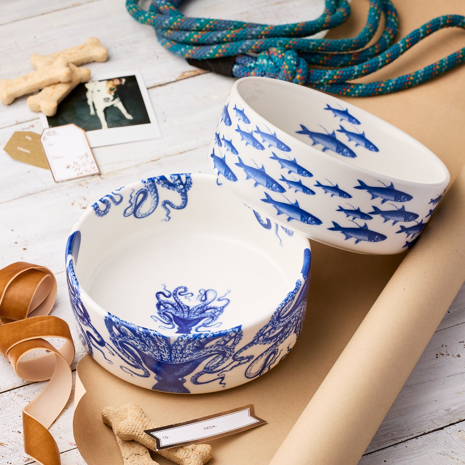 The "Pampered Pet" Bundle by Caskata features two medium porcelain bowls with blue ocean designs—an octopus and a fish—arranged on a white table with treats and tags. These charming bowls elevate any pet dinnerware collection.