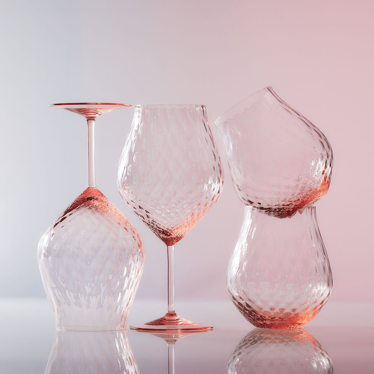 Phoebe rose pink crystal stemless tulip wine glasses from Caskata.