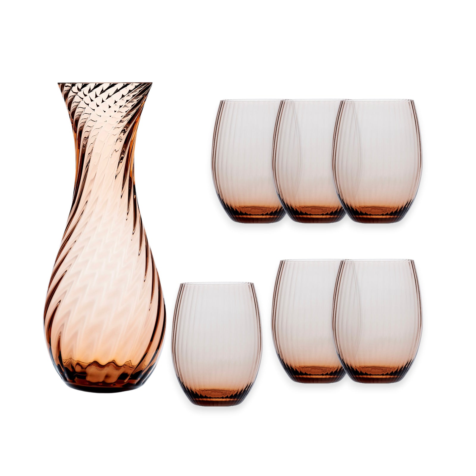 The Quinn Amber Dinner Party Set by Caskata features six mouth-blown, textured, amber-tinted glasses with a matching carafe, all showcased on a white background.