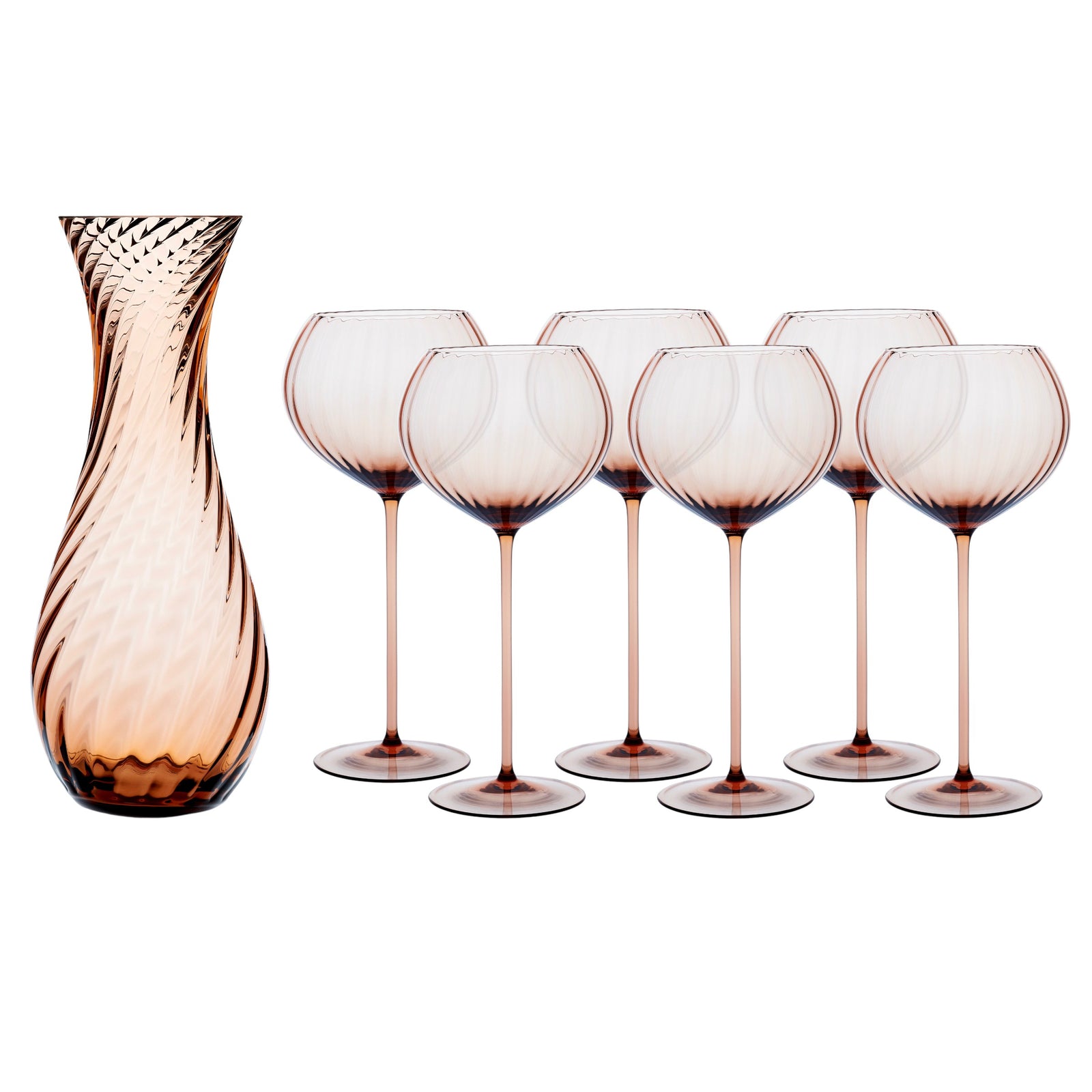 The Quinn Amber Red Wine Lover Set by Caskata includes six tall, translucent, light brown Czech crystal stemware wine glasses and a matching textured carafe—an ideal gift for any wine lover.